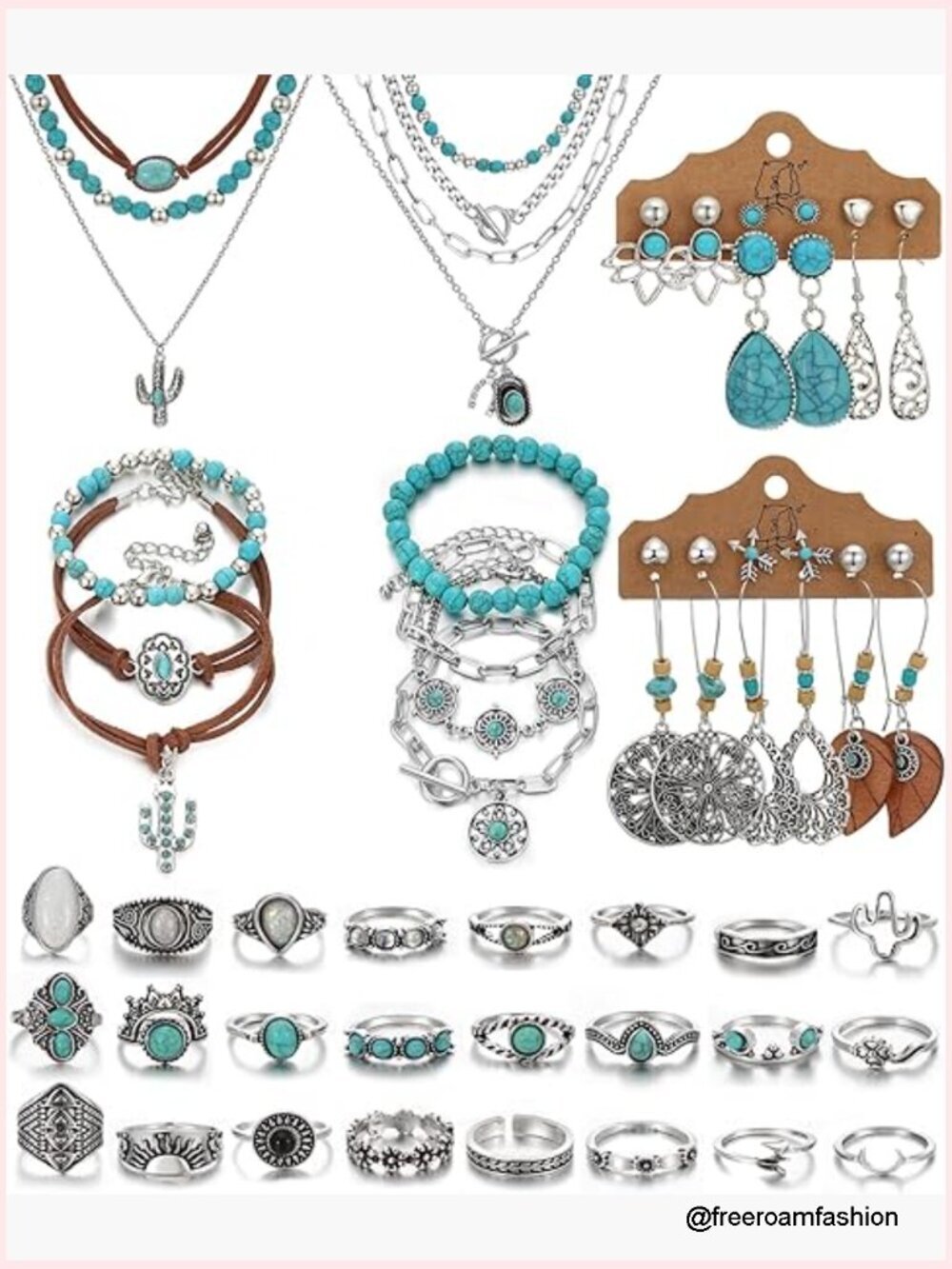 Bohemian Jewelry Set With Turquoise Necklace, Earrings, Bracelets, Rings